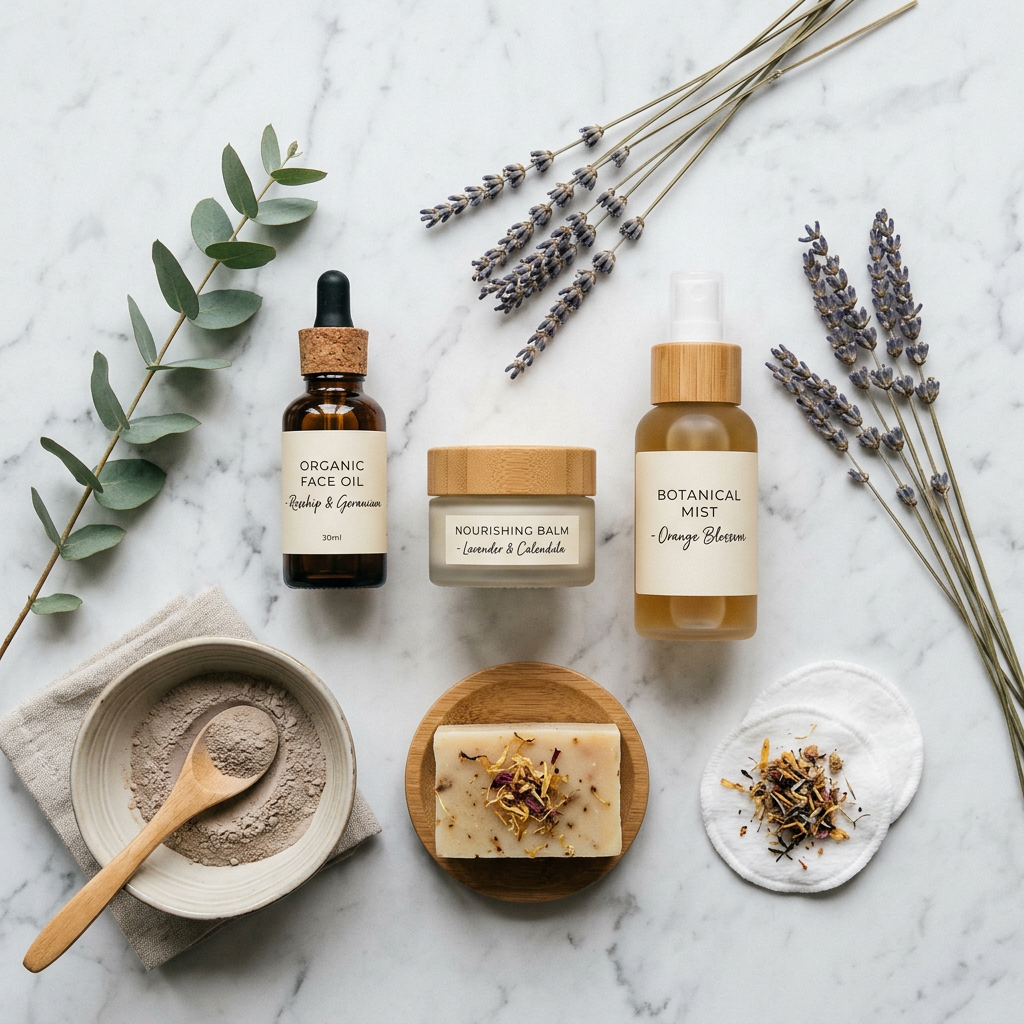 Organic face oil, nourishing balm, botanical mist, herbal soap, dried lavender, clay powder, cotton pads